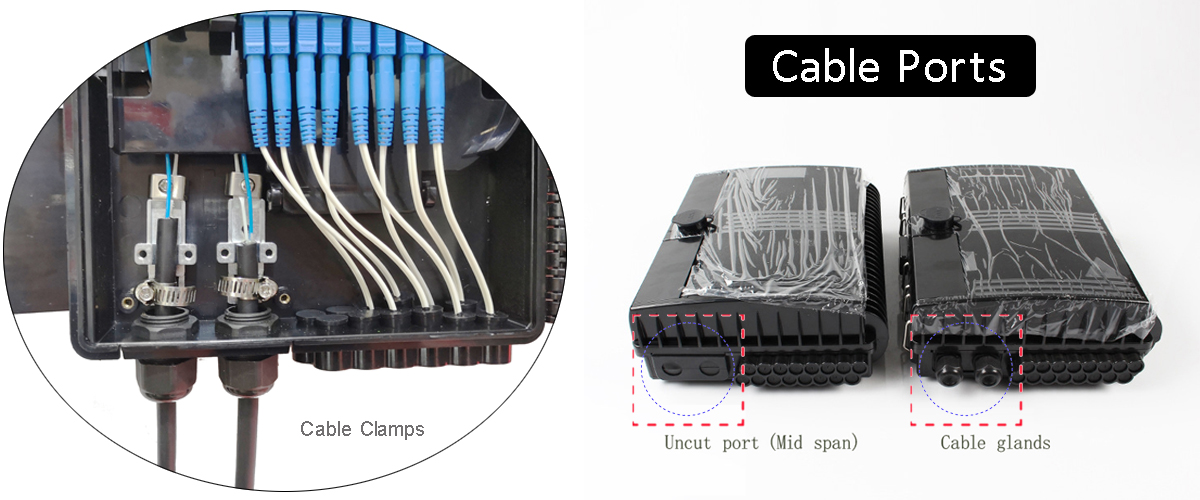 FDB0216G fiber distribution box cable ports: 2 cable glands or uncut ports, 16 round outputs for drop cable 