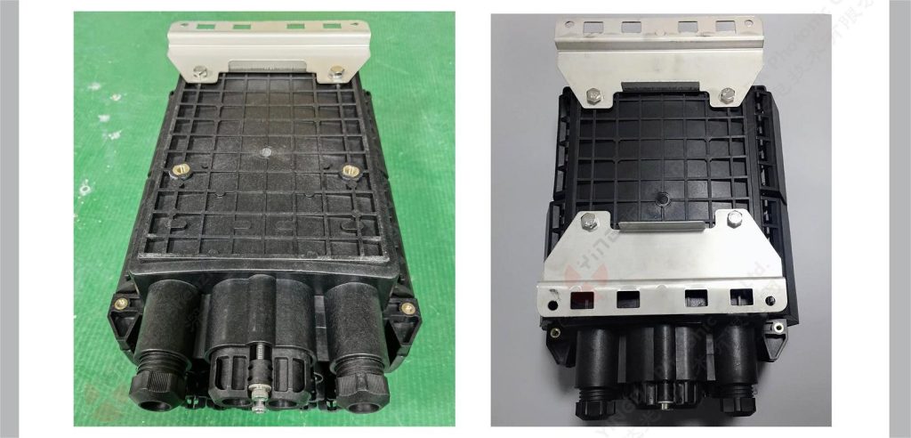 FDB0216F IP68 fiber optic splice enclosure with 1x8 splitter and 16pcs SC adapters wall mounted with metal sheets