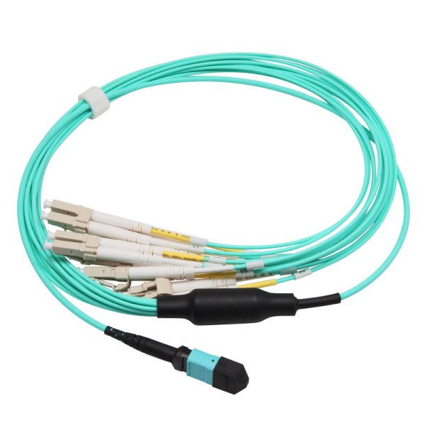 12 Fiber MO To LC Breakout Cable OM3 10G Aqua Duplex connectors