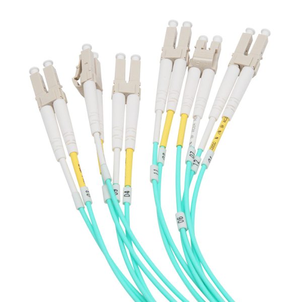 12 Fiber MO To LC Breakout Cable OM3 10G Aqua Duplex connectors