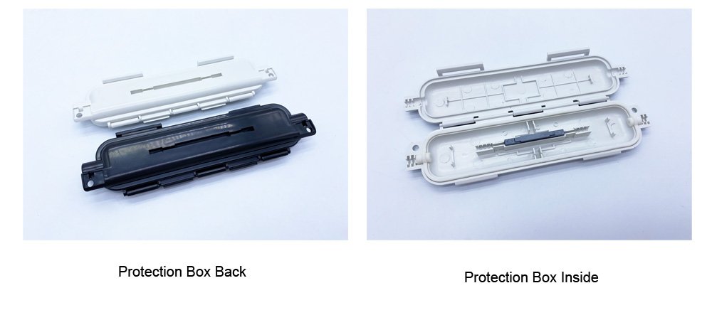 ftth connection box for drop cable protection, custom sc adapter, mechanical splicer or fiber sleeve, waterproof with rubber, 1in 2out