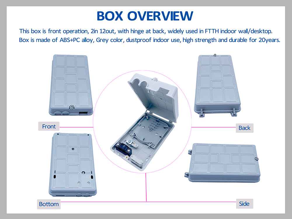 12 cores outdoor fiber optic termination box, 2 in cable diameter 16mm, 12 out pigtails 2.0mm with fixtures, gray