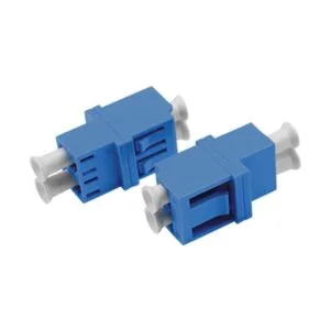 optical fiber lc adapter duplex, high low type weldig body, single mode sm upc blue color, white dust caps