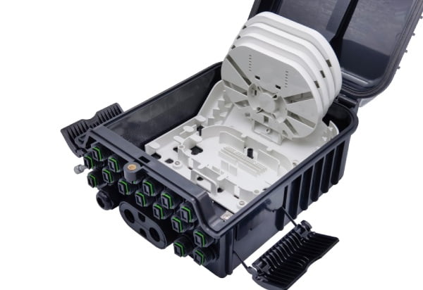 hyper optic broadband fiber distribution box, 16 sc adapters with rubber boot, black, pole mount, wall mount