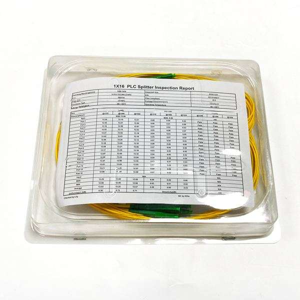 ftth abs plc splitter 1x16, compact cassette,3.0mm fiber pigtails yellow color with lc apc connectors, 0.2db pdl