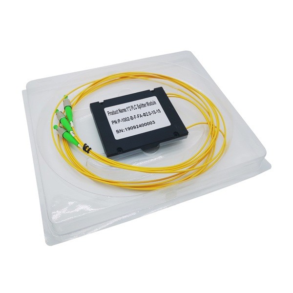 catv network abs box plc splitter cassette single mode 1x2 fc apc connectors green, yellow pigtails 2mm 1 mt