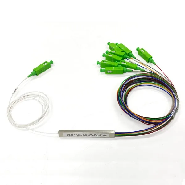 8 way mini plc splitter 1x8 for telecom, with sc apc connectors and pigtials, colored loose tube 0.9mm with individual pack