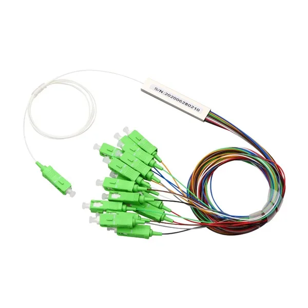 8 way mini plc splitter 1x8 for telecom, with sc apc connectors and pigtials, colored loose tube 0.9mm with individual pack