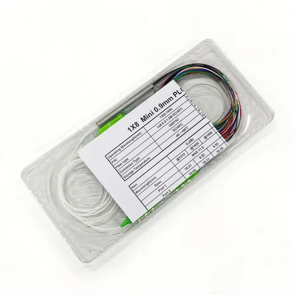 8 way mini plc splitter 1x8 for telecom, with sc apc connectors and pigtials, colored loose tube 0.9mm with individual pack