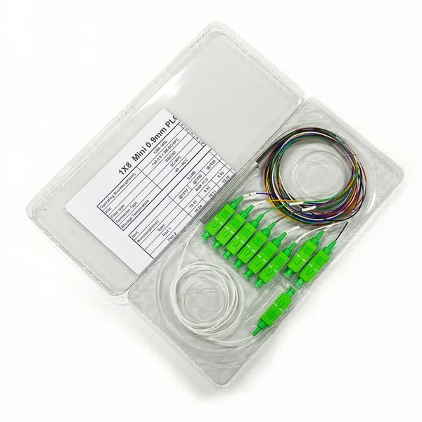 8 way mini plc splitter 1x8 for telecom, with sc apc connectors and pigtials, colored loose tube 0.9mm with individual pack