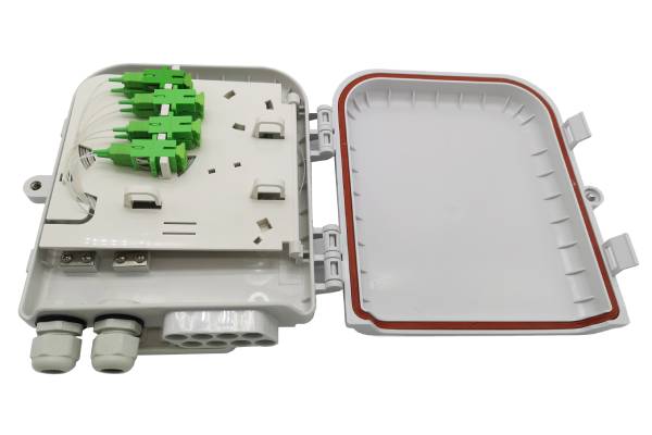 8 port plastic fiber splice box sc connectors, cable glands, white outdoor wall mounting, 1x8 splitter and splicing sleeve