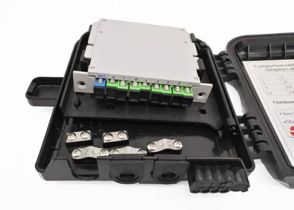 ftth plastic fiber optic splice box 8 cores single fiber smf, wall mounted fiber termination box, 2cable glands, 8 drop cable round ports