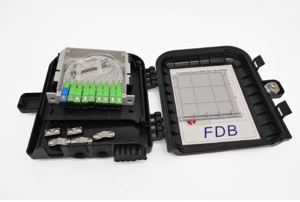 ftth plastic fiber optic splice box 8 cores single fiber smf, wall mounted fiber termination box, 2cable glands, 8 drop cable round ports