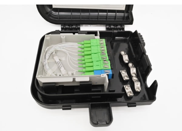ftth plastic fiber optic splice box 8 cores single fiber smf, wall mounted fiber termination box, 2cable glands, 8 drop cable round ports