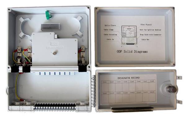 2 cover unique design fiber dp box, with 2 pcs 1x8 splitter modules, white color, outdoor pole mount