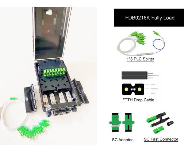 high density fiber distribution terminal box 16 port, 4 cable entry, with 18 sc adapters and 1x16 splitter distribution