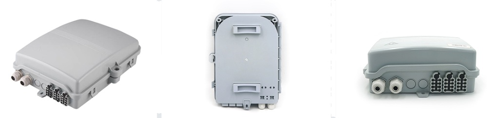 24 cores plastic fttx fiber optic cable box, for outdoor use, with 24 sc adapters with pigtails, with splice tray, 3x8 flat drop cable exit.