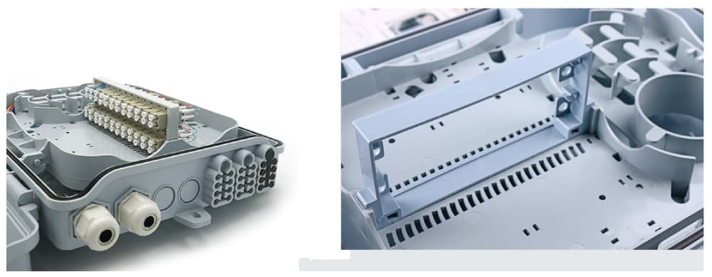 24 cores plastic fttx fiber optic cable box, for outdoor use, with 24 sc adapters with pigtails, with splice tray, 3x8 flat drop cable exit.