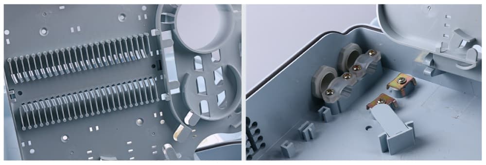 24 cores plastic fttx fiber optic cable box, for outdoor use, with 24 sc adapters with pigtails, with splice tray, 3x8 flat drop cable exit.