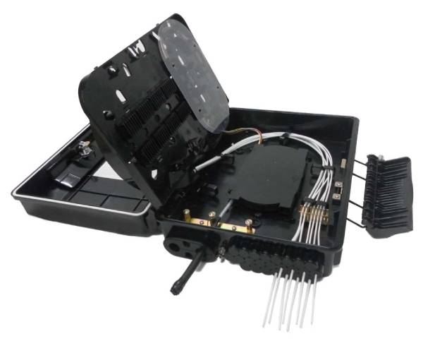 ip65 black outdoor fiber optic termination box, 24 sc adapters, abs, pole mount with clamps, with splice tray and optical distribution panel
