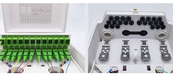 durable outdoor fiber distribution box load with 24 sc adapters, fiber pigtails, wall mount, white abs