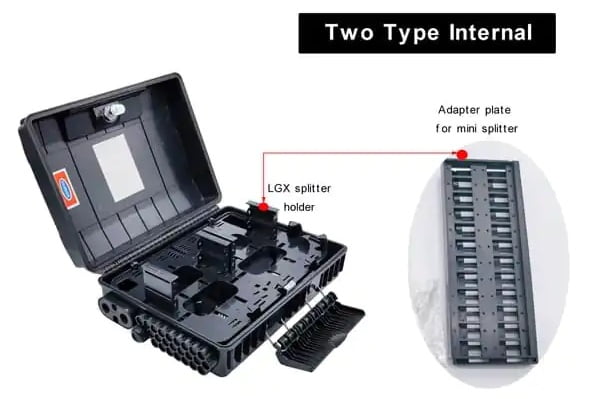 gpon fiber distribution box outdoor, 48 cores fusion splice,1 cable gland, 2 uncut ports, 24 round ports for ftth drop cables