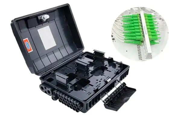 gpon fiber distribution box outdoor, 48 cores fusion splice,1 cable gland, 2 uncut ports, 24 round ports for ftth drop cables