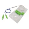 2x8 Plc Splitter Passive Fiber Optic Pigtails SC APC green connector, input blue patch cord, output white pigtails, 0.9mm 1 meter