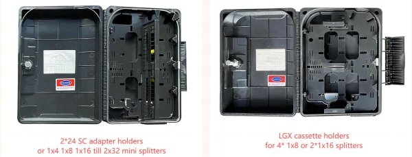 32 port fibre distribution cabinet, black, plastic abs with 1x32 steel tube splitter module, 24 cores splicing tray, wall mount