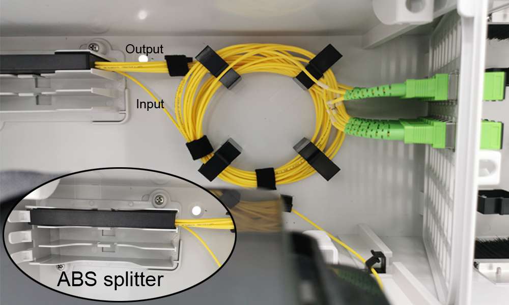 wall mounted 96 cores odb fiber optic, fiber optic conection box with 48 sc adapters and pigtails with splice cassettes, 4x 1:16 abs splitter holder