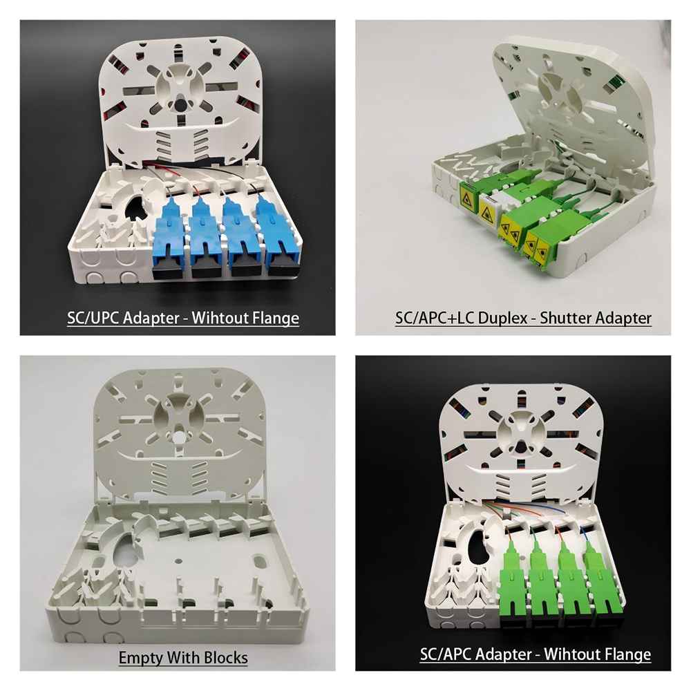 indoor network terminal box fiber optic 4 cores, rotate splice tray, sc simplex adapter, shutter adapter optional