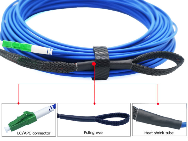 armored patch cord outdoor lc/apc lc/apc smf corning g657 a2 simplex lszh uv 3mm 20m, one side with woven net pulling eye , blue color, white printing