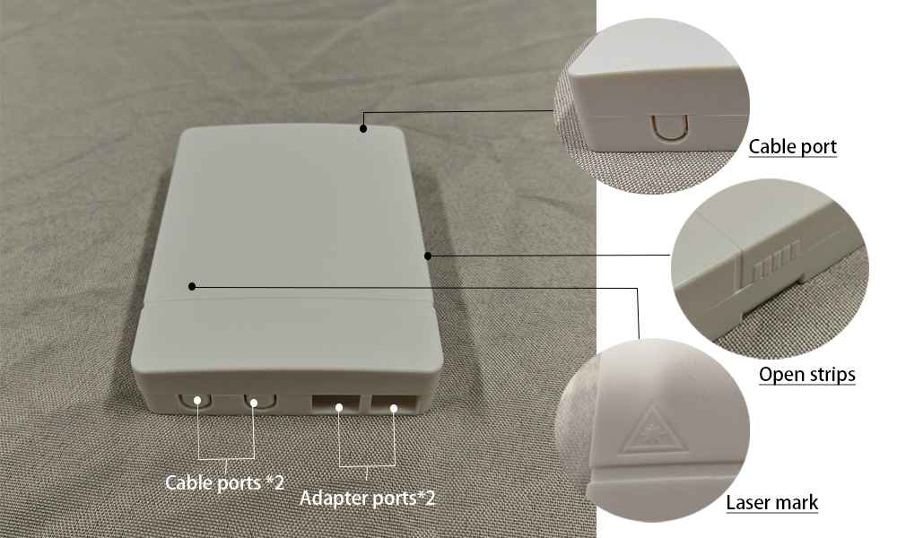 fiber optic wall plate outlet, separate lid and bottom, splice tray, 2 sleeves, 2 sc connector, pigtails