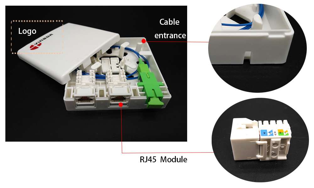 1 core fiber wall outlet, 2 rj45 modules for cat5e, cat6, indoor mounting on wall