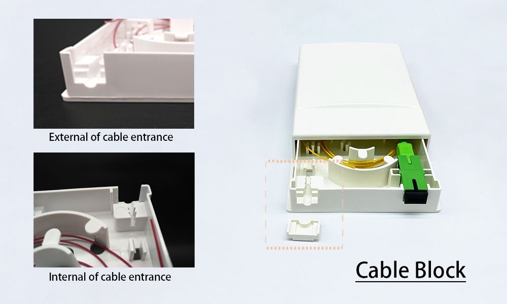fiber optic wall outlet, slide open cover, no screws, 2mm 3mm or 2x3mm drop cable exit