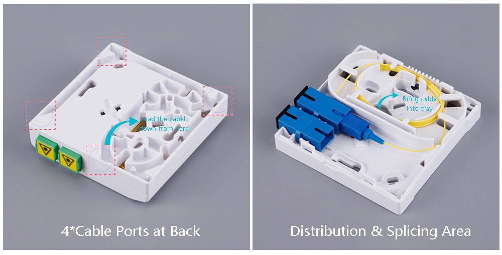ftth fat box 2 cores sc connectors, fiber optic outlet, left cable winding, right cable distribution