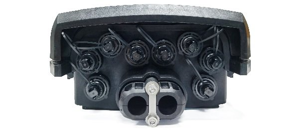 ip68 outdoor pole mount 8 port ftth splitter box for 1x8 passive splitter steel tube, with splice tray for splicing and splitting, 2 uncut cable ports with corning adapter