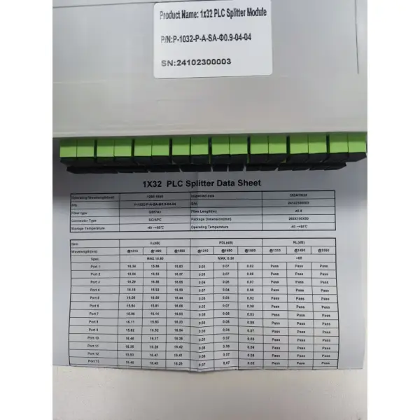 1x32 splitter lgx module with 2 ways 16 couplers, sc apc connectors,lowloss ,high uniformity, 55db return loss.