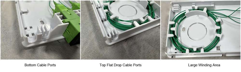 4 port plastic fo termination box, cable go through from top to bottom, max splicing with 4 sc pigtails and adapters, wall mount white