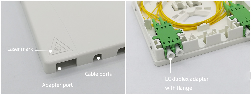 ftth outlet 2 port sc,front cable entrance and exit, indoor ip45 wall mounted, white plastic