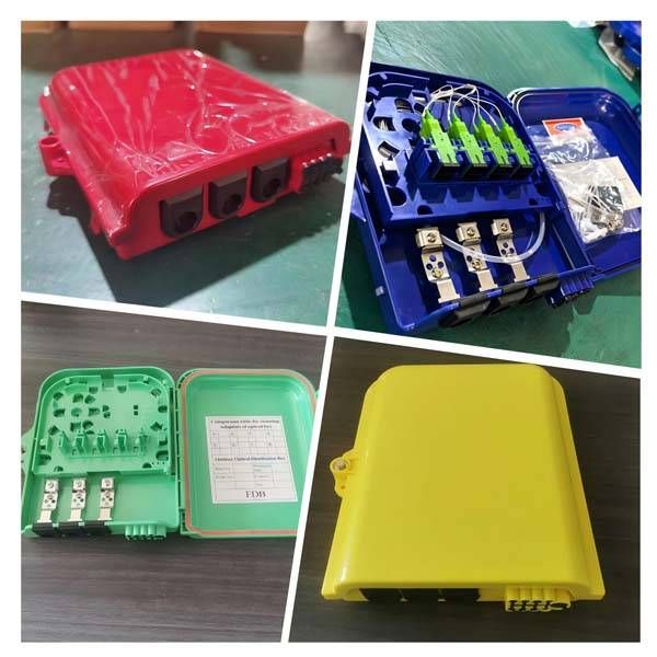 plastic fiber optic distribution box, pole / wall mount, 8 sc adapter plate or splitter cassette 1x8, cable glands or uncut cable ports, 8 round port 2x3mm drop cable