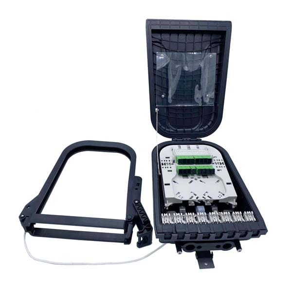 outdoor pole mounting fiber distribution unit, 16 port sc flat drop cable exits with rubber, 2pcs 1x8 sc adapter bracket and splitters,16 cores bunchy fiber splicing