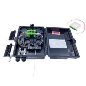 ftth fiber optic distribution unit 16 sc adapters, 16 flat drop cable exits, 2 cable glands pg13, black, aerial, pole, wall mounted