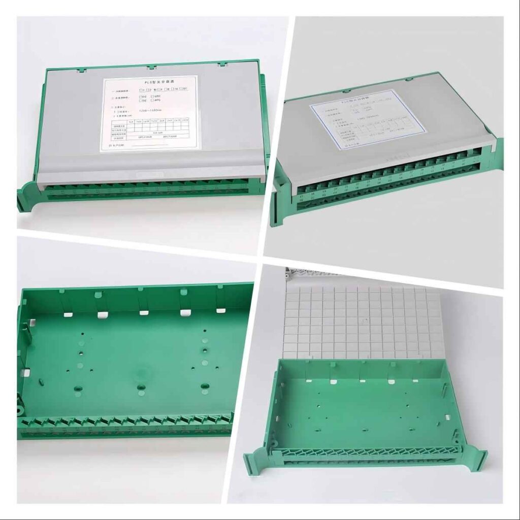fiber optic cassette splitter in gpon 1x32 in trays, abs material, sc fc lc st connectors