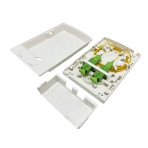 2 port plastic optical fiber outlet box with sc adapters and pigtails, white, wall mounted