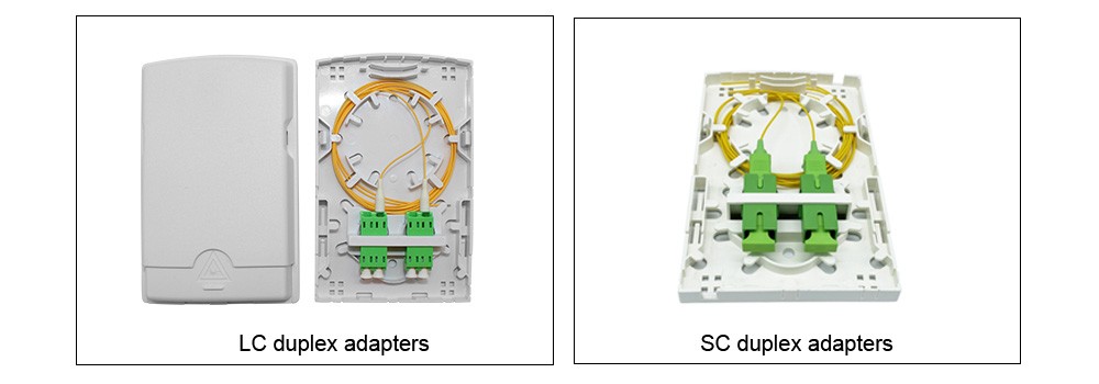 2 port plastic optical fiber outlet box with sc adapters and pigtails, white, wall mounted
