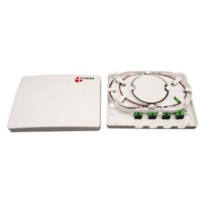 ftth termination box for fiber optic cable 4 cores white, gray color, front distribution, with splice tray, laser mark