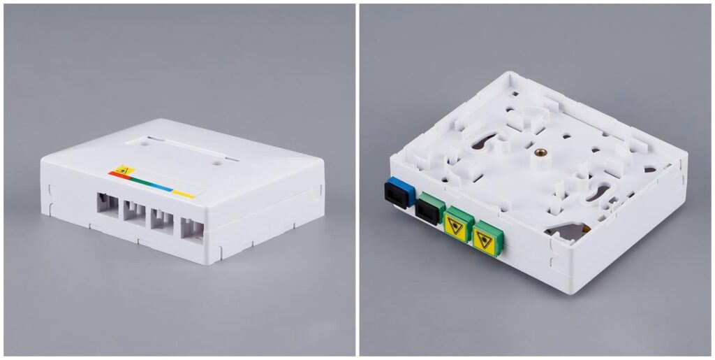 pto 4 cores plastic ftth fibre terminal box, loaded with sc simplex adapters, pigtials sc, splice tray.