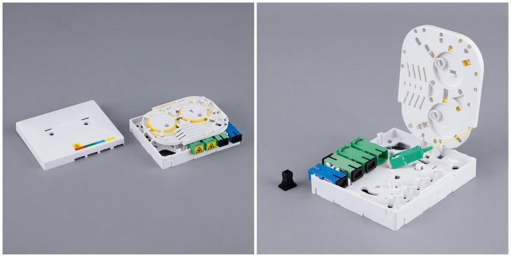 pto 4 cores plastic ftth fibre terminal box, loaded with sc simplex adapters, pigtials sc, splice tray.