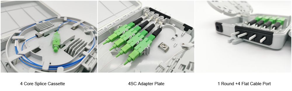4 cores optical network fiber otb box, mid span cable, splice tray for mini splitter and fiber sleeve, 4 sc adapters, rubber sealing